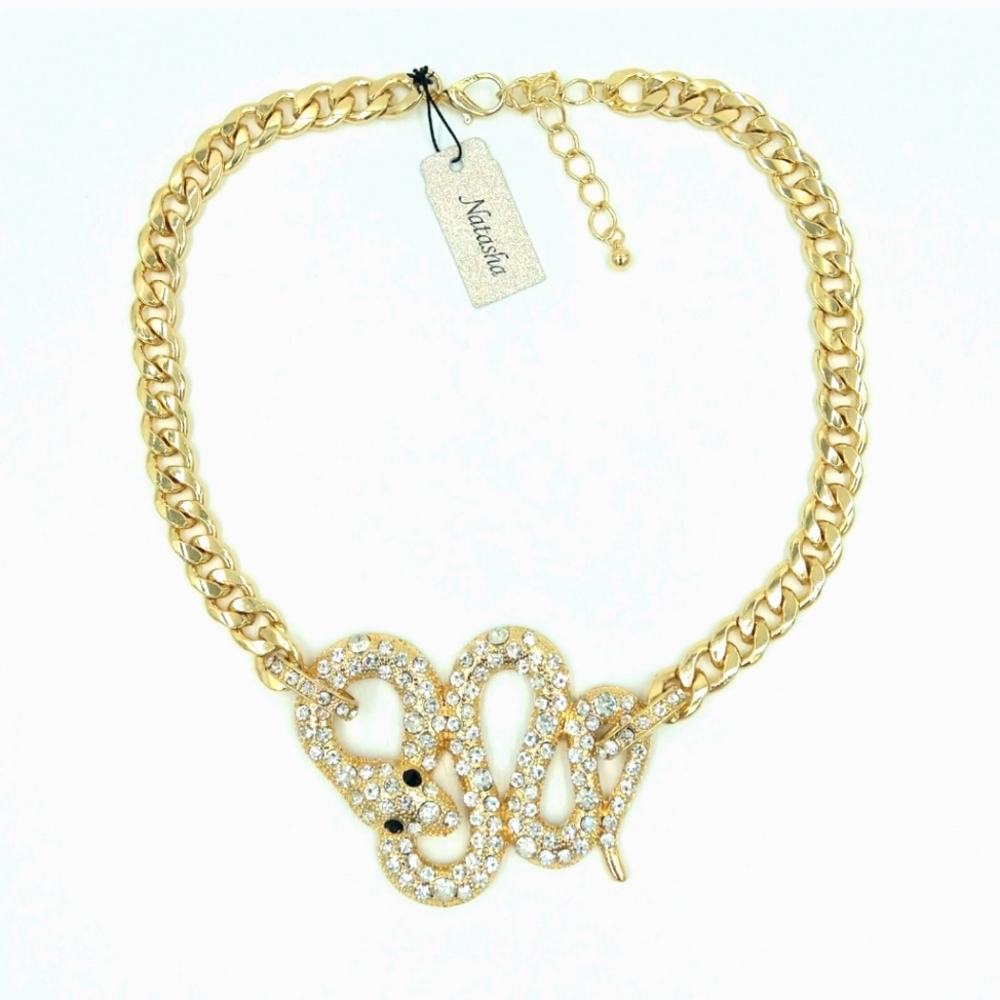 Natasha Snake Necklace Rhinestone Gold Tone Thick Chain Statement Necklace NWT